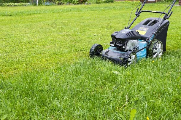 割草草地.草地割草机向绿色的草.割草机草设备.
