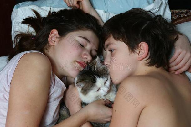 青少年兄弟和姐妹男孩和女孩拥抱猫