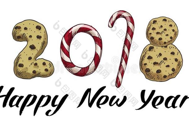 新的年2018.冬卡片和结晶糖和饼干.矢量image形象