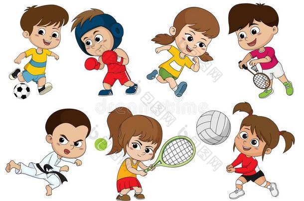 孩子们关于各种各样的类型关于有关运动的,这样的同样地足球,拳击,跑
