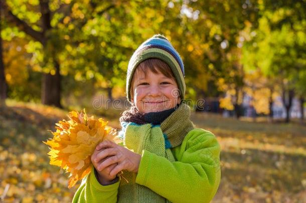 幸福的男孩起立和秋树叶向公园