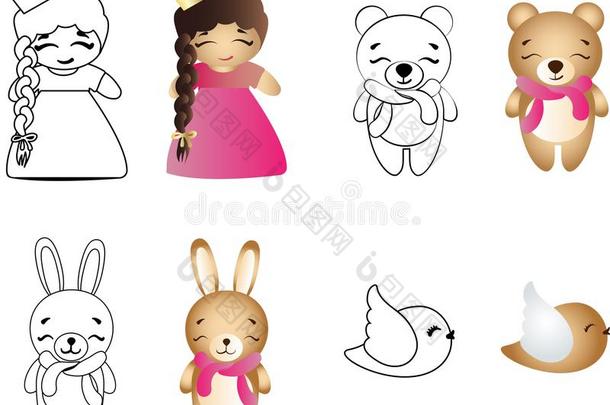 漫画漂亮的玩具婴儿女孩,熊,兔子和鸟