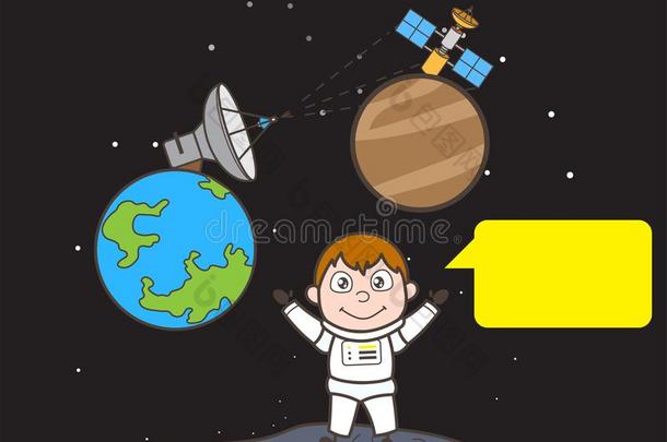 漫画俄国宇航员和信息横幅和卫星矢量illustrate举例说明