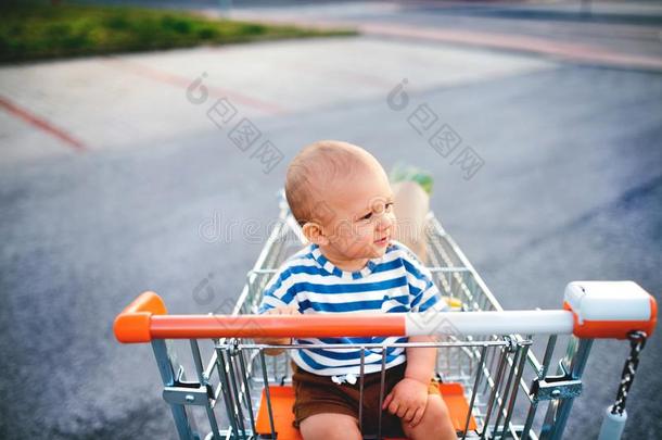 <strong>婴儿</strong>男孩一次采用指已提到的人shopp采用g<strong>手推车</strong>在外面.