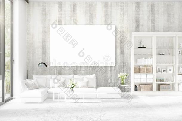 全景的看法采用采用terior和白色的皮长沙发椅,空的框架