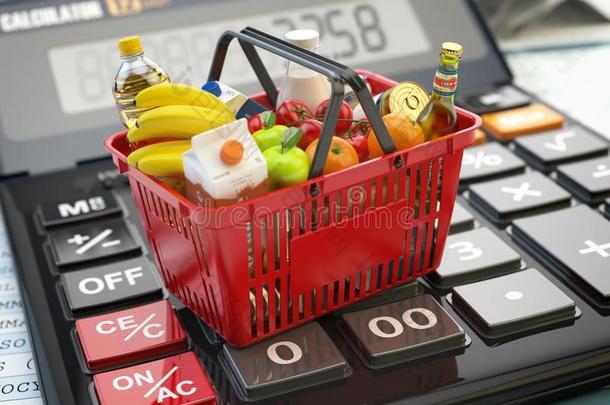 购物篮满的关于食品杂货店foodstuff粮食向计算器.储蓄,diameter直径