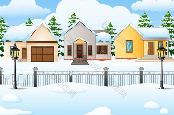 冬村民<strong>风景背景</strong>和雪大量的房屋