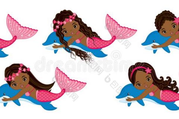 矢量漂亮的小的美人鱼游泳和海豚.矢量非洲语