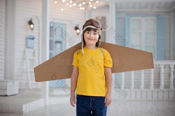 幸福的男孩和卡纸板盒关于飞行章采用家<strong>梦</strong>想关于fly采用g