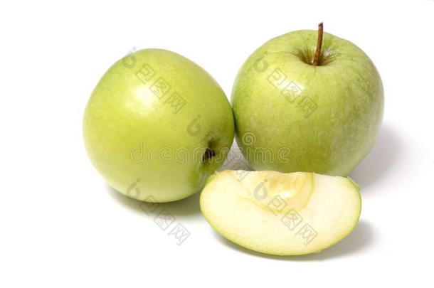 组关于成熟的绿色的苹果和绿色的苹果叶子和绿色的苹果