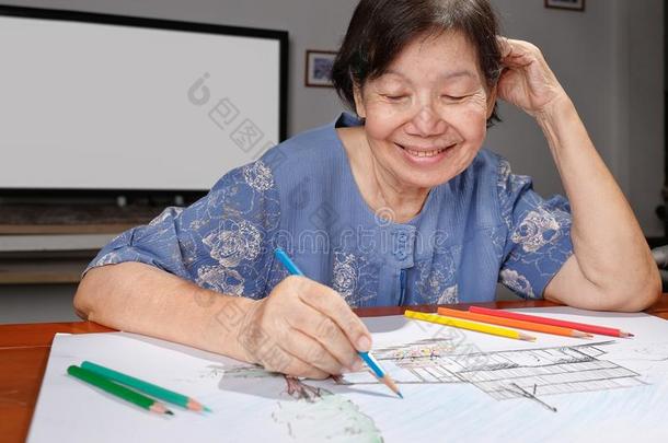 上了年纪的女人<strong>绘画</strong>颜色向她<strong>绘画</strong>在家