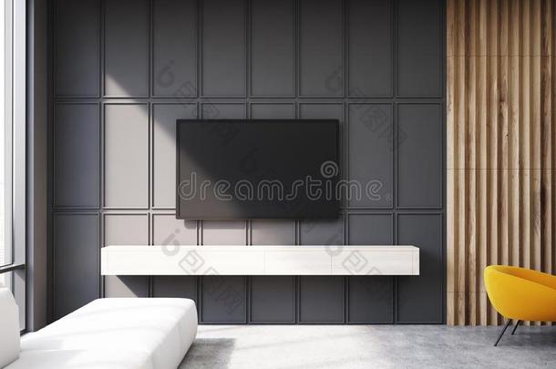 灰色和木制的活的房间television电视机和沙发特写镜头