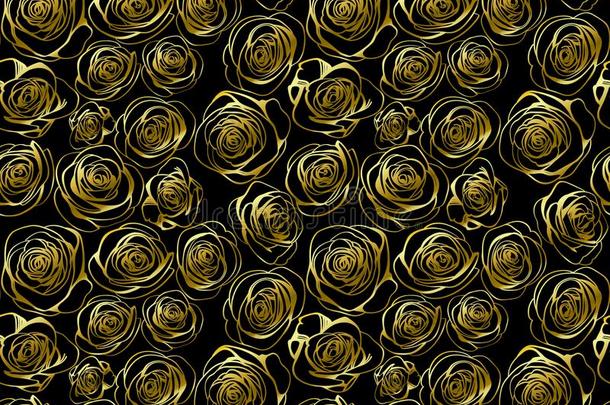 黑的无缝的模式和金色的线条玫瑰