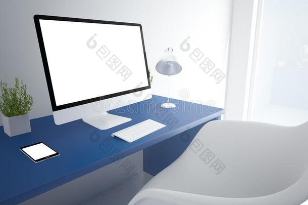 蓝色办公室计算机白色的屏幕