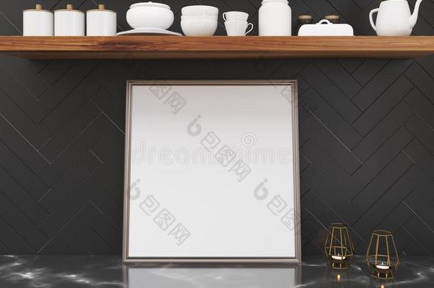 黑的大理石厨房表和一海报