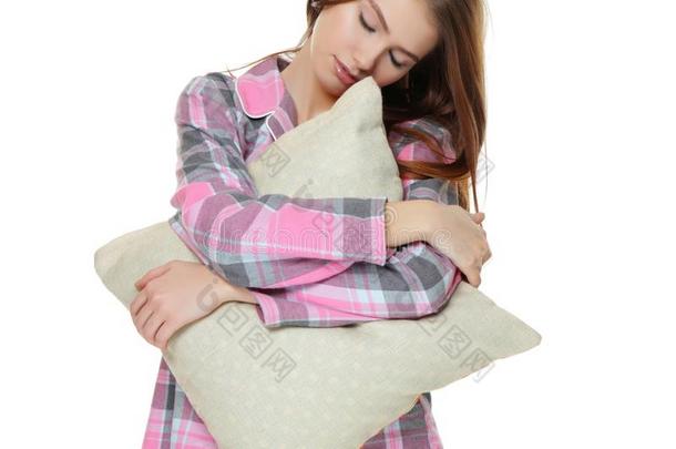 年幼的欲睡的女人和枕头受苦从梦游症