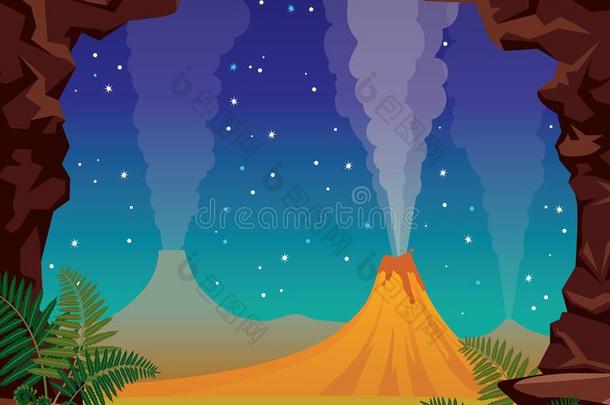夏夜风景-火山,洞穴,羊齿植物.史前的自然