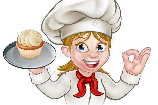 漫画女人糕点厨师面包师和纸杯蛋糕