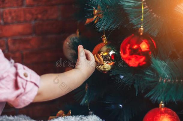婴儿令人同情的圣诞节玩具向圣诞节树,他试图向放balancing平衡