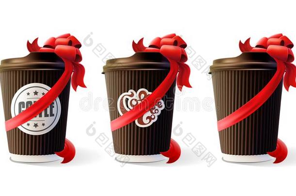 <strong>咖啡</strong>豆使泛起涟漪杯子和红色的弓隔离的向白色的背景