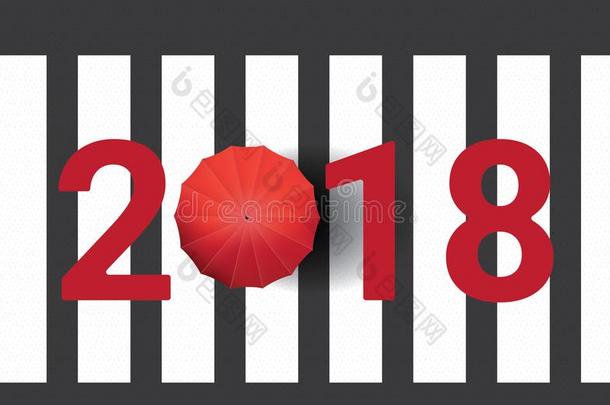 <strong>2018</strong>新的年步行单独的向人行横道和红色的雨伞背