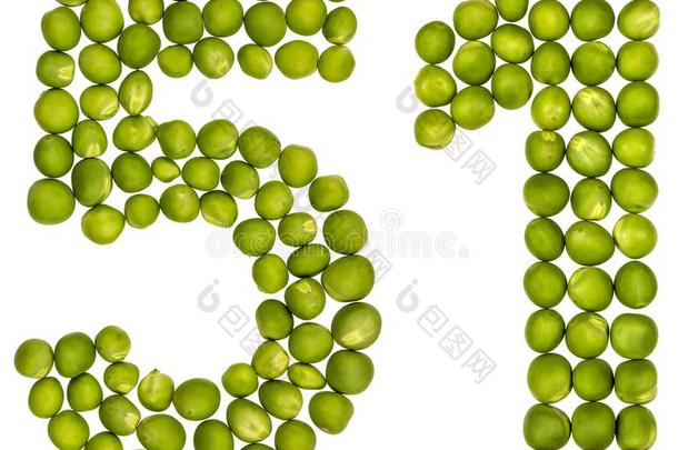 阿拉伯的数词51,五十个人num.一,从绿色的豌豆,隔离的向白色的