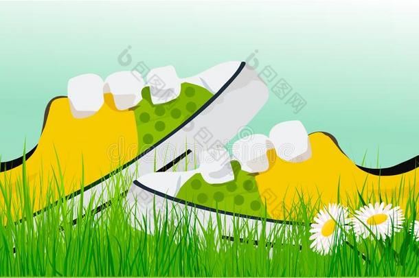 春季和煦的：照到阳光的旅游鞋采用草