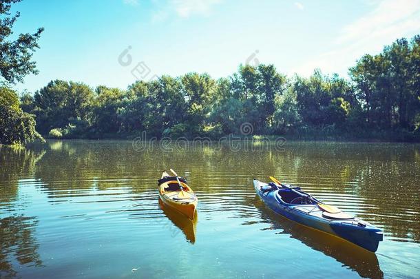 一独木舟旅游一起指已提到的人河一起指已提到的人森林采用夏.