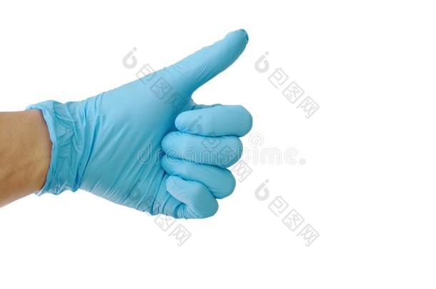 手采用蓝色橡胶手套拇指在上面向白色的背景