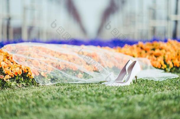 新婚的婚礼鞋子.户外的婚礼详述摄影