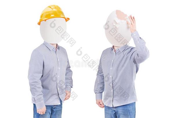 安全观念,头盔帽子为安全放映关于工人同样地人名