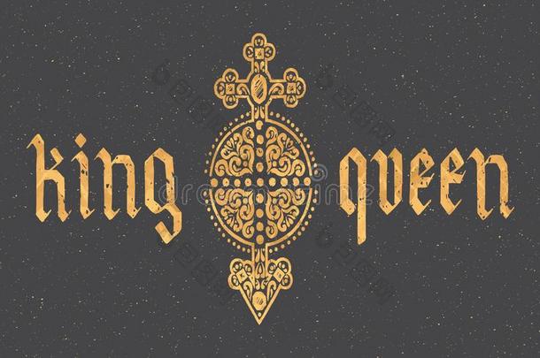 金色的国王和女王成语铅字,徽章.H和疲惫的字体开价