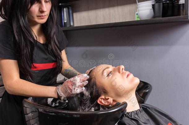 年幼的黑头发的妇女女人所有头发<strong>洗</strong>过的和肥皂<strong>洗净</strong>在旁边发型师