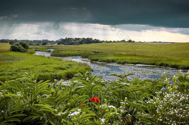 夏风景和一河一nd雷雨云,敞开的国家补贴