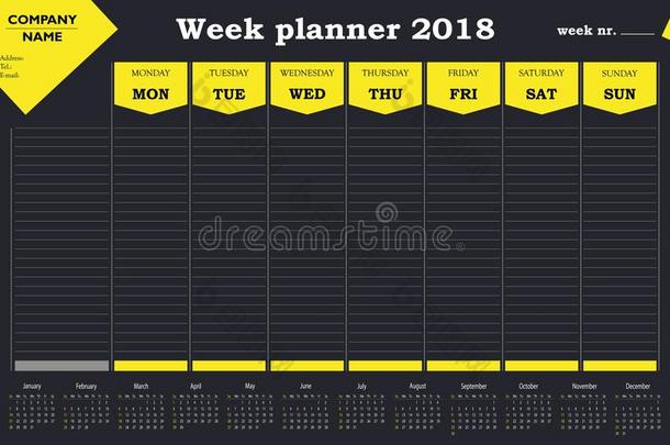 一星期计划者2018日历,时刻表和组织者为公司
