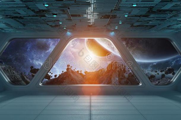宇宙飞船未来的灰色的蓝色内部和看法向外星球
