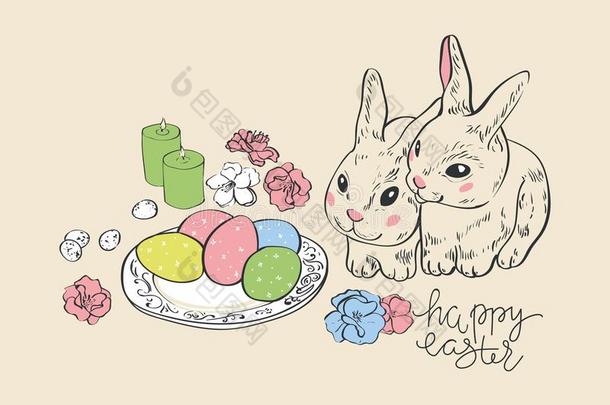 幸福的复活节.兔子野<strong>兔兔</strong>子和卵.绞死描画的卵.英语字母表的第7个字母