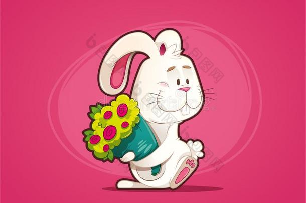 倾心的兔子和花束关于花