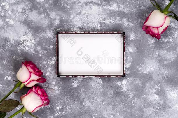 花的框架:花束关于粉红色的白色的玫瑰向st向e背景winter冬天