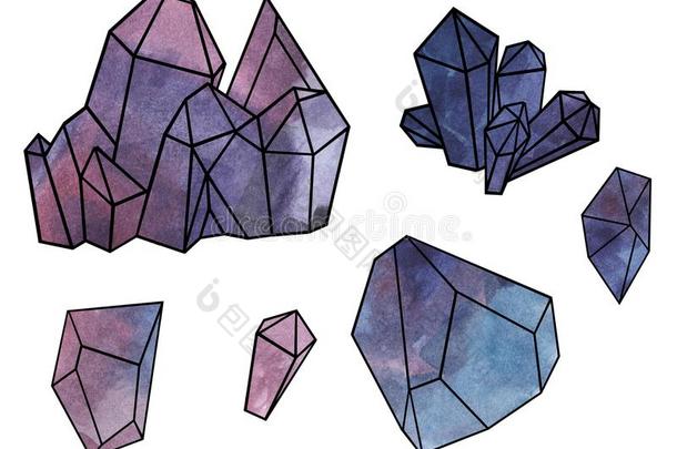 紫蓝色宝石水晶,紫色的石头,矿物-水彩illustrati