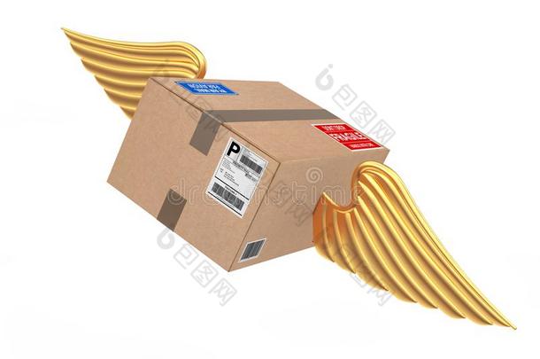 航空邮件船舶观念.卡纸板盒包裹和金色的翅膀