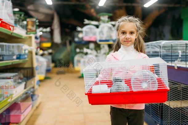 小的女孩保存笼子为仓鼠采用宠物商店