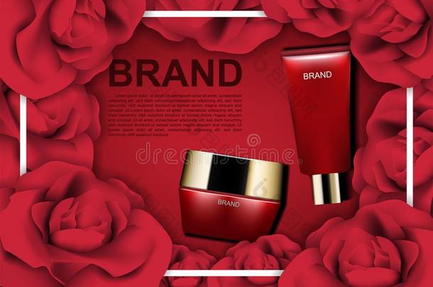 美好化妆品一re一,红色的化妆品和玫瑰向红色的背景一