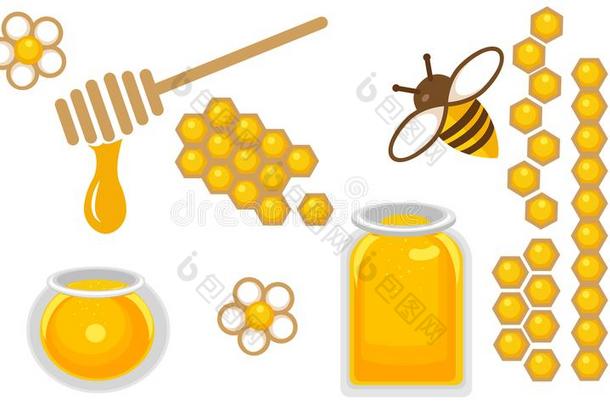 蜂蜜偶像放置.圆形的和夸脱蜂蜜罐子,蜜蜂和花,用磨刀<strong>石磨</strong>