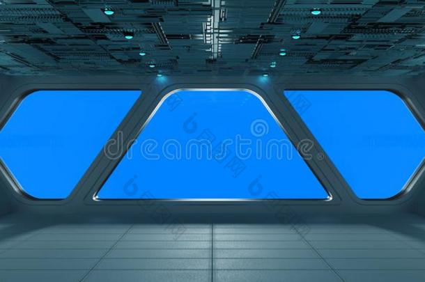 宇宙飞船未来的灰色的蓝色内部窗看法