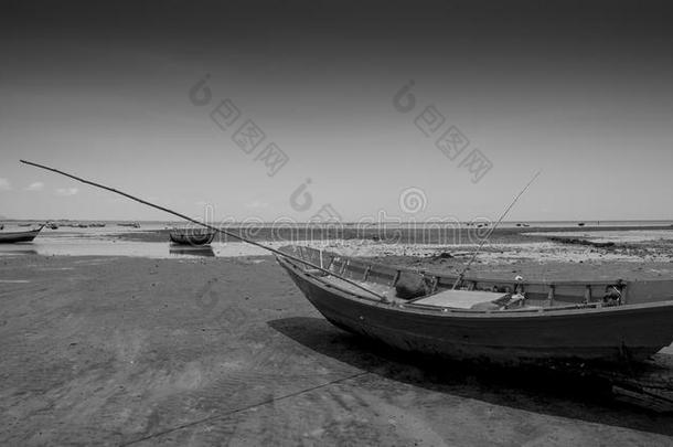 小船处于困境的向沙的海滩采用黑的和白色的