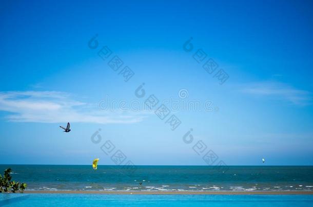海海岸看法和降落<strong>伞</strong>飞行的,海滩活动