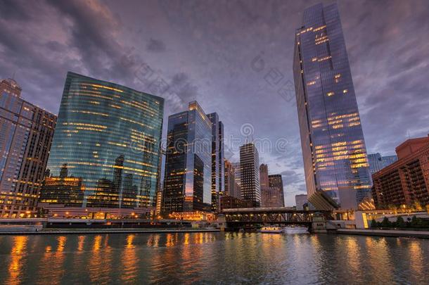 芝加哥在商业区地平线在夜.