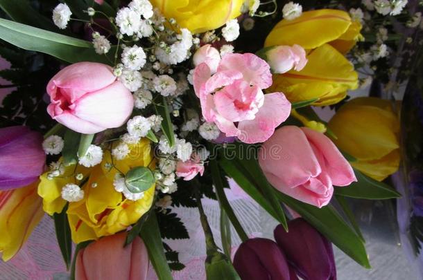 新鲜的有魅力的富有色彩的花束关于郁金香花向展览