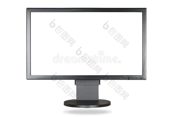 计算机展览和空白的白色的屏幕隔离的向白色的后面